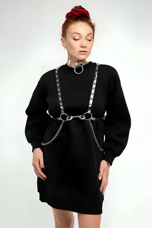 Transparent Studded Body Harness & O-Ring Choker Set with Silver Chains