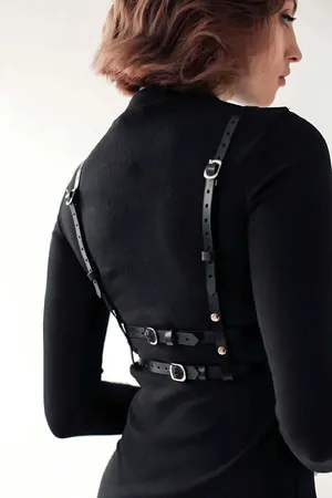 Black Faux Leather Bustier Body Harness Women with Silver O-Rings