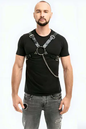Black Faux Leather Chest Harness Men Central O-Ring Detachable Chain