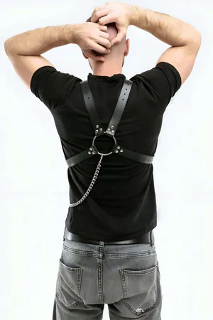 Black Faux Leather Chest Harness Men Central O-Ring Detachable Chain