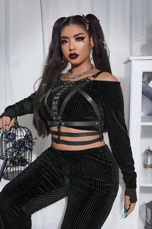 Black Studded Vegan Leather Chest Harness with Cage Straps