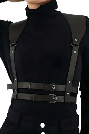 Dark Brown Faux Leather Shoulder Harness with Double Buckles Over Black Turtleneck