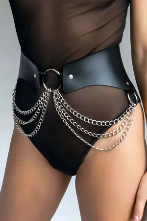 Black Faux Leather Wide Waist Belt with Draping Silver Chains and O-Ring