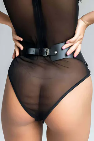 Black Faux Leather Wide Waist Belt with Draping Silver Chains and O-Ring