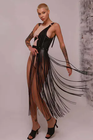 Püsküllü Deri Ceket Harness, Püsküllü Seksi Deri Harness - APFT1014