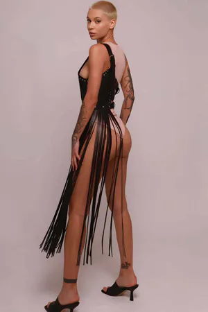 Püsküllü Deri Ceket Harness, Püsküllü Seksi Deri Harness - APFT1014