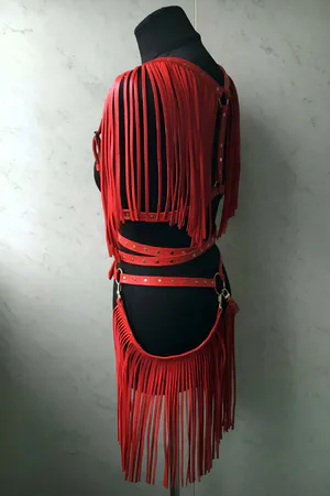 Red Fringe Faux Leather Harness Skirt & Shoulder Set Front View