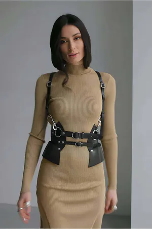 Black Sculpted Faux Leather Body Harness with Structured Waist Flaps and Silver Hardware