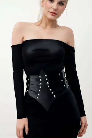 Black Faux Leather Rivet Studded Corset Waist Belt with V-Shape Detail