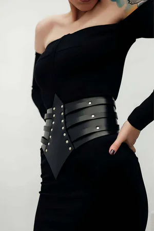 Black Faux Leather Rivet Studded Corset Waist Belt with V-Shape Detail