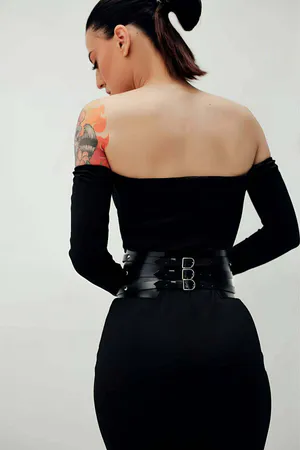 Black Faux Leather Rivet Studded Corset Waist Belt with V-Shape Detail