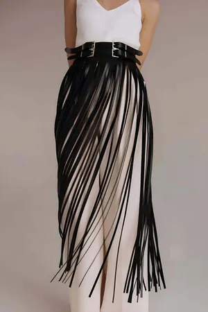 Püsküllü Deri Etek, Bel Üzeri Şık Püsküllü Deri Etek - APFT1090