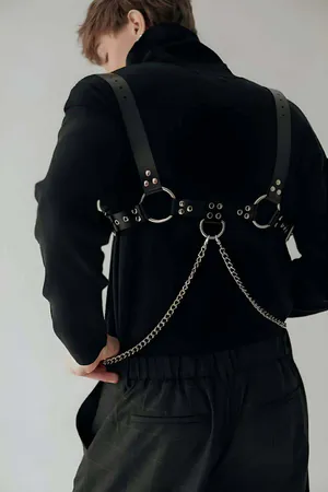 Black Faux Leather Full Body Harness with Detachable Silver Chain and O-Rings