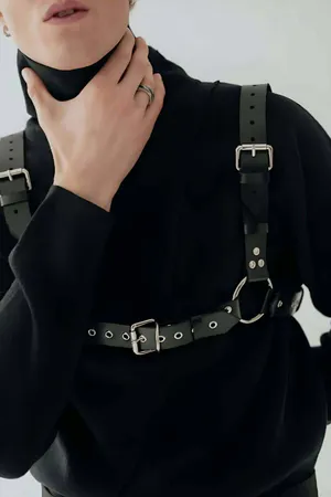 Black Faux Leather Full Body Harness with Detachable Silver Chain and O-Rings