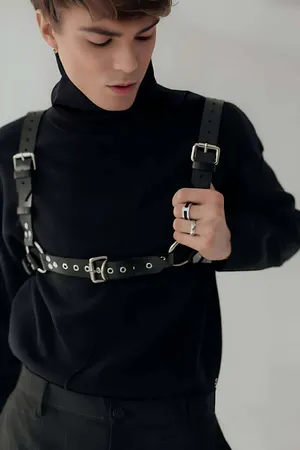 Black Faux Leather Full Body Harness with Detachable Silver Chain and O-Rings