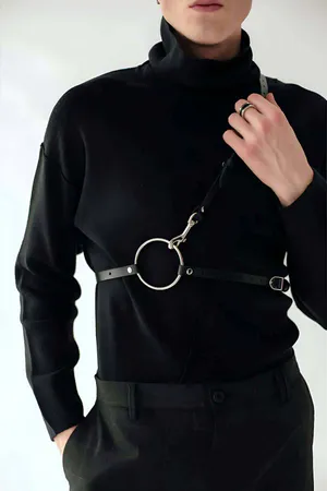 Black Faux Leather Chest Harness with O-Ring Single Shoulder Strap