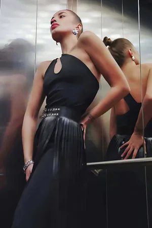 Püsküllü Deri Etek, Şık Deri Etek, Uzun Deri Etek, Siyah Deri Etek - APFT637