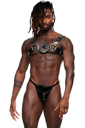Black Faux Leather O-Ring Chest Harness Adjustable Buckle Straps
