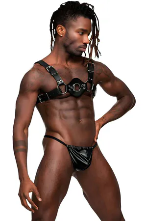 Black Faux Leather O-Ring Chest Harness Adjustable Buckle Straps