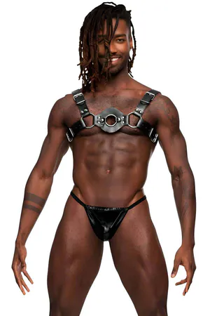 Black Faux Leather O-Ring Chest Harness Adjustable Buckle Straps