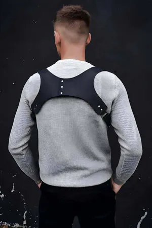 Black Faux Leather Shoulder Harness Adjustable Chest Straps