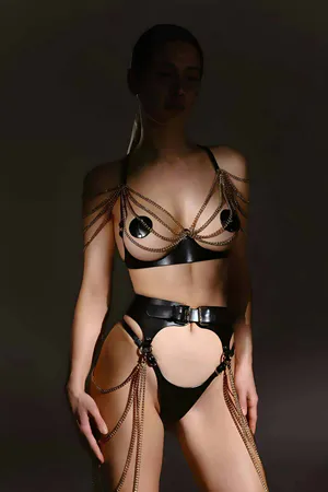 Black Faux Leather Gold Chain Chest and Waist Harness Set