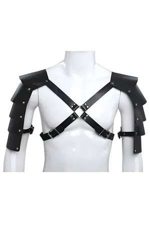 Black Faux Leather Shoulder Armor Harness with Layered Panels on Mannequin