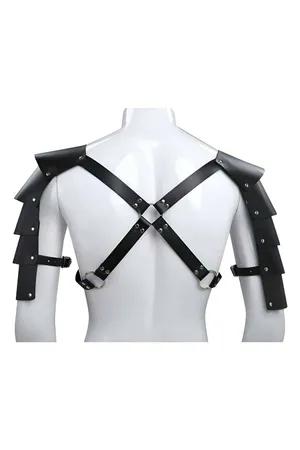 Black Faux Leather Shoulder Armor Harness with Layered Panels on Mannequin