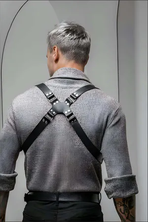 Adjustable black faux leather chest harness with metal clasps worn by a man over a grey sweater.