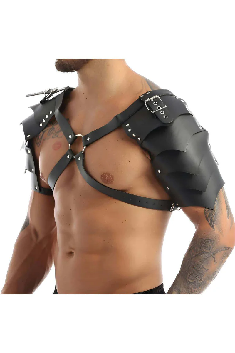 Black shoulder harness segmented plates buckle straps chest O-ring front view