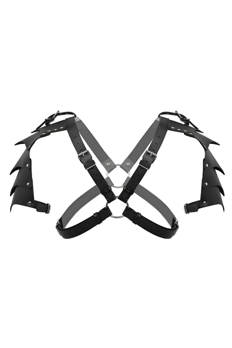 Black faux leather shoulder armor harness with O-rings and buckle closures