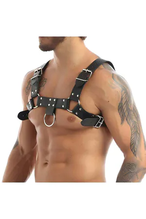 Black Studded Faux Leather Chest Harness with O-Ring on Male Torso