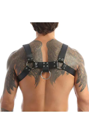 Black Studded Faux Leather Chest Harness with O-Ring on Male Torso