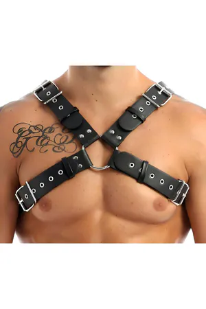 Black Faux Leather O-Ring Chest Harness Adjustable Straps