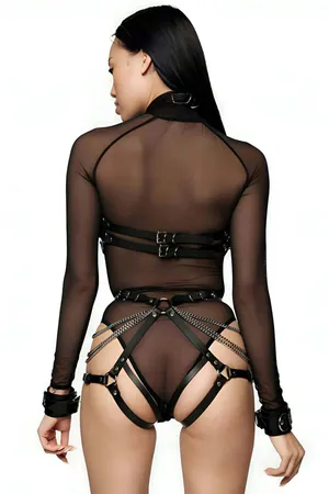 Black Faux Leather Full Body Harness with Silver O-Rings and Draping Chains