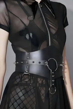 Black Spiked Faux Leather O-Ring Waist & Chest Harness