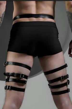 Black Faux Leather Thigh Harness Garter Belt with Silver O-Rings