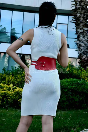 Red Faux Leather Waspie Belt Women Double Buckle Front View