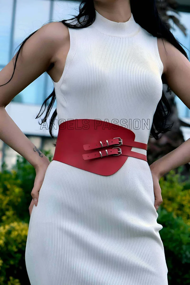 Red Contoured Waspie Belt Worn