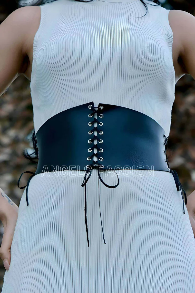 Black corset belt flat lay with adjustable ties