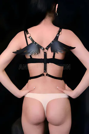 Black Faux Leather Angel Wing Chest Harness Back View