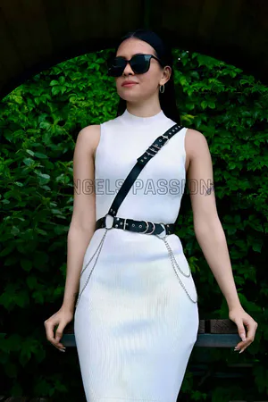 Black Asymmetric Faux Leather Body Harness with Silver Chain Detail and Wide Waist Belt