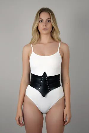 Black Faux Leather Studded Waist Cincher Belt V-Shape Front View