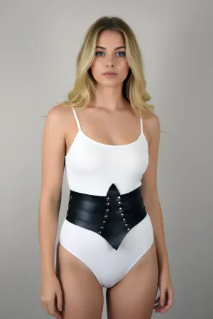 Black Faux Leather Studded Waist Cincher Belt V-Shape Front View