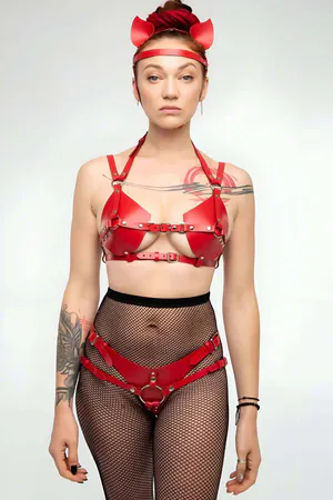 Red Faux Leather Bra and Panty Harness Set O-Ring Detail