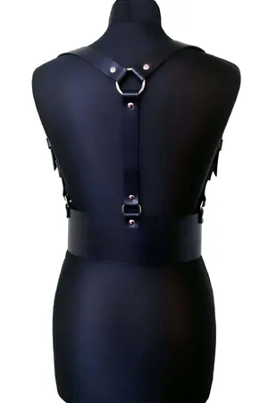 Black Faux Leather Double Buckle Waist Body Harness Front View