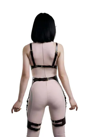 Dark Brown Faux Leather Harness Garter Set Underbust Thigh Straps