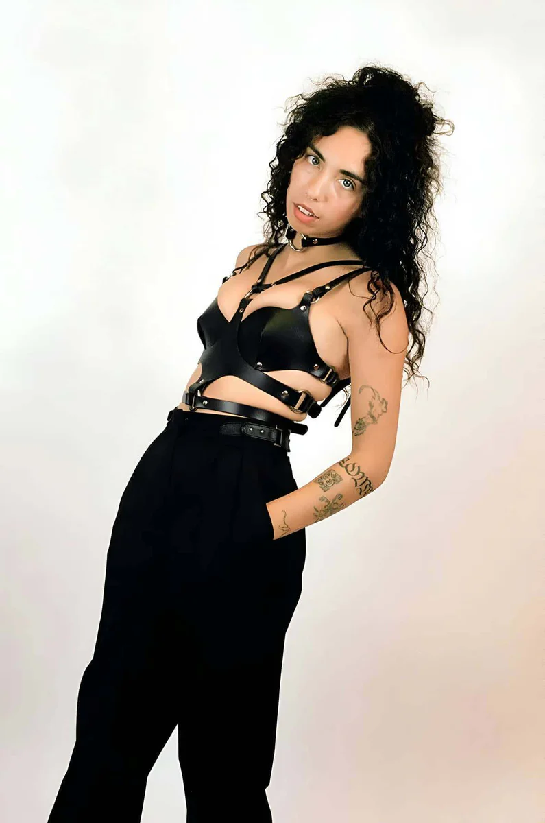 Black full body harness with o-ring choker and bra top featuring straps and buckles