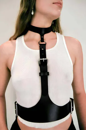 Black Faux Leather Collar-to-Waist Harness Adjustable Buckle