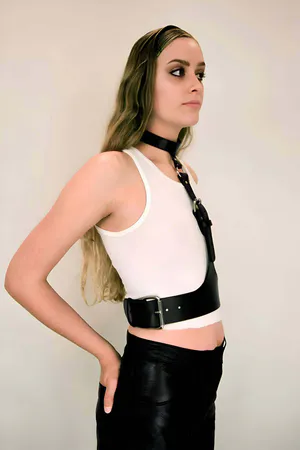Black Faux Leather Collar-to-Waist Harness Adjustable Buckle